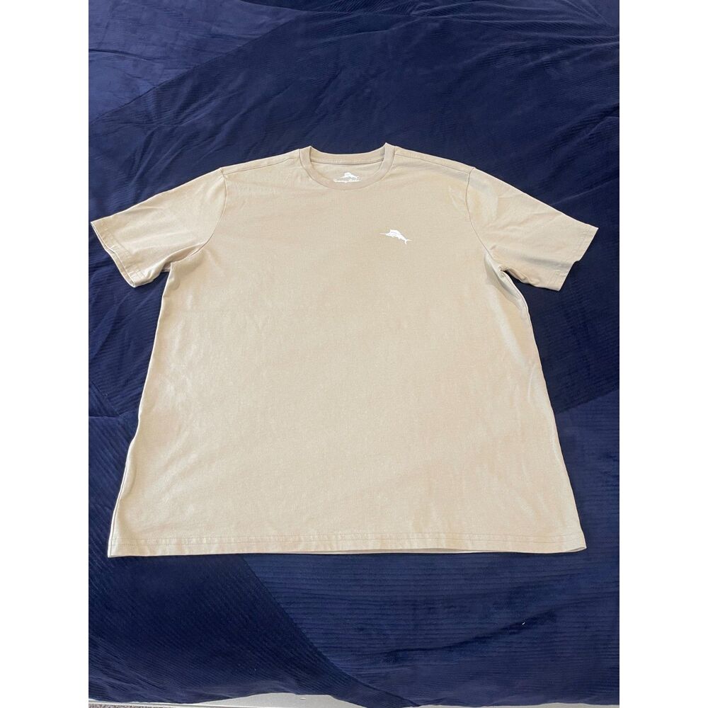 Tommy Bahama T-Shirt Men's Medium Tan Tropical Leaf Logo Graphic Marlin Tee